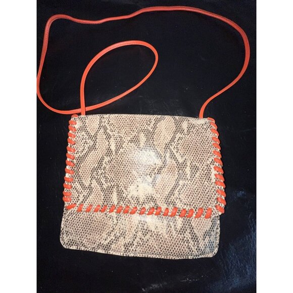 Cache Snake Print Shoulder Bag Purse Faux Tan Leather Orange Trim Stitching Stra - Picture 1 of 5